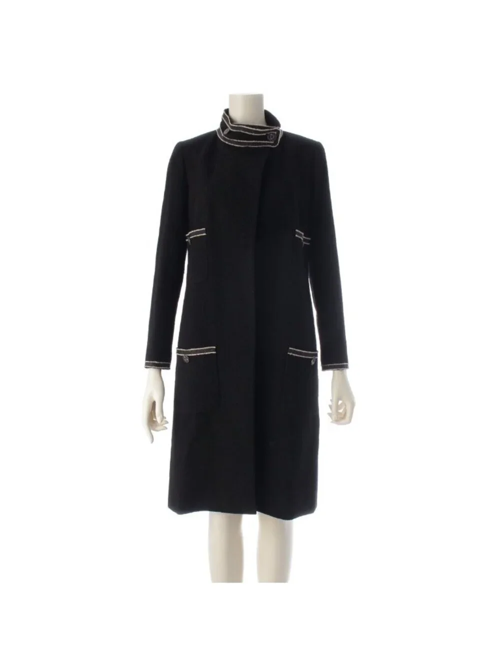 Chanel Wool Chain Trim Coco Buttons Long Coat Black 34